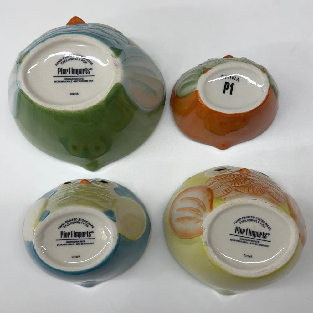 Pier 1 Imports‎ Owl Measuring Cup Set 4 Piece Hand Painted Stoneware Multicolor